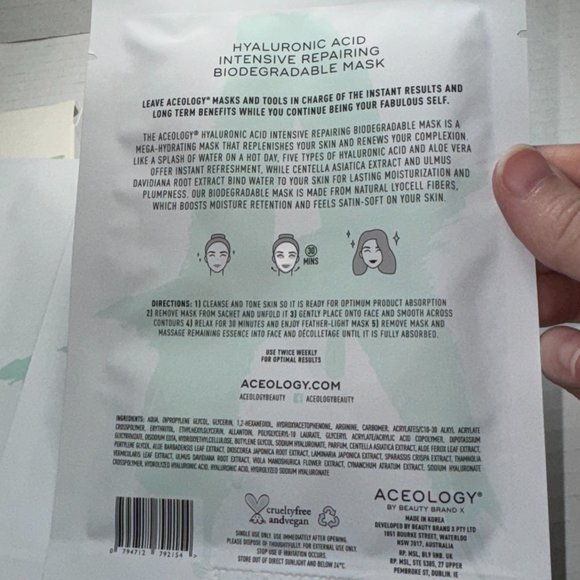 Aceology HYALURONIC ACID INTENSIVE REPAIRING BIODEGRADABLE MASK - Picture 2 of 7